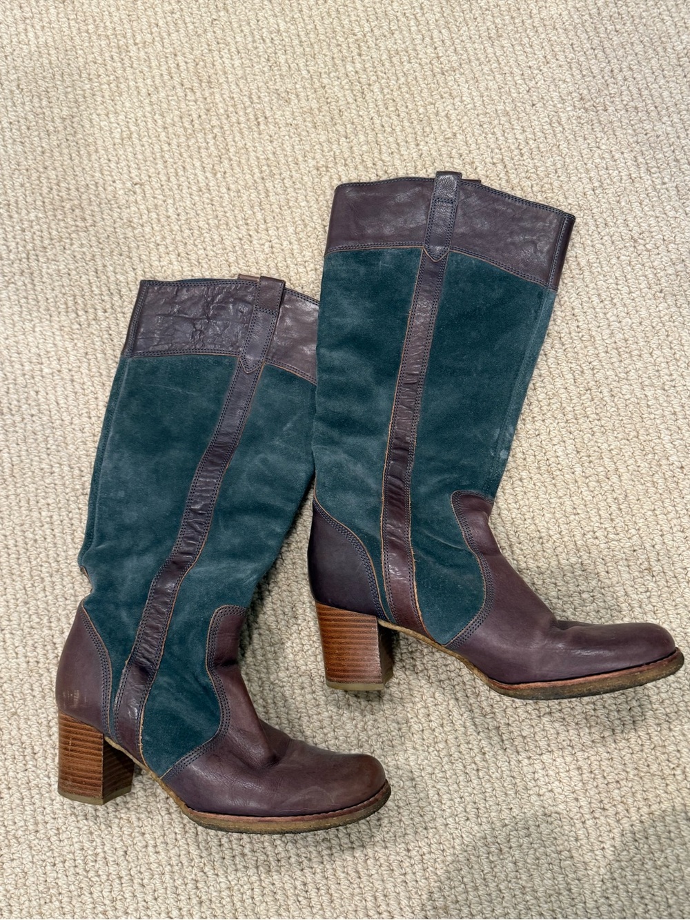 Camper Two-Tone Teal Suede and Brown Leather Knee Boots